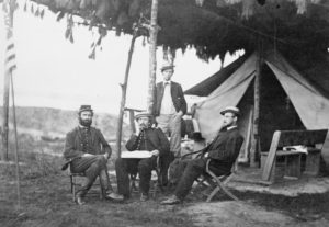 Officers of the 5th U.S. Cavalry near Washington, D.C., in 1865. Julia Ward Howe was inspired to write "The Battle Hymn of the Republic" after a visit with Union troops in the thick of the Civil War. CREDIT: LIBRARY OF CONGRESS