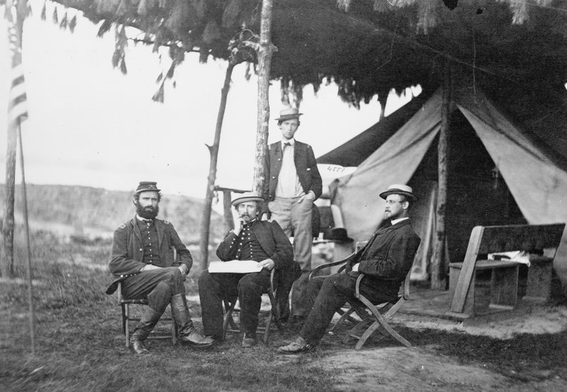 Officers of the 5th U.S. Cavalry near Washington, D.C., in 1865. Julia Ward Howe was inspired to write "The Battle Hymn of the Republic" after a visit with Union troops in the thick of the Civil War. CREDIT: LIBRARY OF CONGRESS