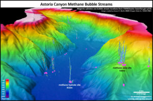 Researchers locate methane seeps by looking for telltale bubble streams on sonar imaging. CREDIT: SUSAN MERLE