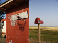 Left: The basketball hoop outside Angel's family's mobile home. Right: A mailbox by the road in Minto. Elissa Nadworny/NPR