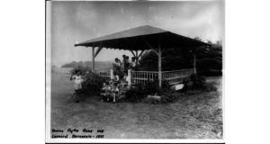 Black and white photo, Gazebo with musicians