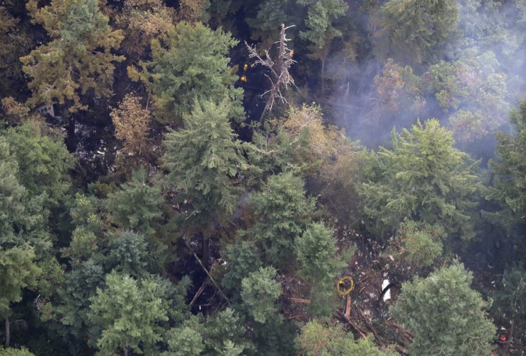 The site on Ketron Island in Washington state where an Horizon Air turboprop plane crashed after it was stolen from Sea-Tac International Airport is seen from the air, Saturday, Aug. 11, 2018, near Steilacoom, Wash. CREDIT: TED S. WARREN/AP