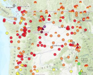 Air quality across the Northwest is mostly unhealthy due to fires in Washington, Oregon, Idaho, California and British Columbia. Screen grab from Washington Smoke Blog Aug. 14, 2018
