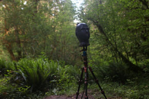 Fritz, the microphone system used by Mikkelsen and his mentor, audio ecologist Gordon Hempton, stands on a tripod. They use their recordings to promote the idea that natural sounds are complex, diverse and important. CREDIT: SAMIR S. PATEL