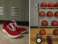 Left: Angel's basketball shoes. Right: Basketballs in the Minto High School gym. Elissa Nadworny/NPR