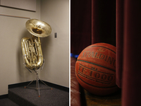 The Migrant Education Program helps schools like Angel's enhance resources for all students throughout the year. Left: A tuba at Minto High School. Right: A basketball in the Minto High gym. Elissa Nadworny/NPR