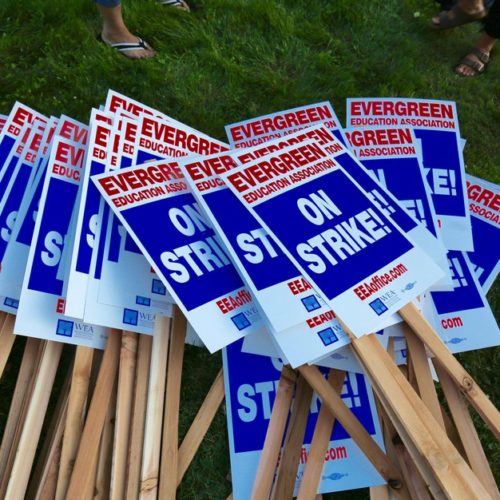 With 1,318 voting members in attendance at Thursday evening’s Evergreen Education Association union meeting, 95.9 percent voted to strike, starting Tuesday, Aug. 28, the first scheduled day of school. CREDIT: MOLLY SOLOMON