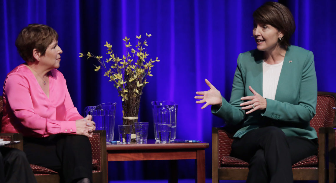 U.S. Rep. Cathy McMorris Rodgers, right, traded policy ideas with her Democratic opponent Lisa Brown during a debate Sept. 19, 2018, in Spokane. CREDIT: AP PHOTO/TED S. WARREN