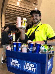 Jay Laroche, a vendor at CenturyLink Field in Seattle, is selling Anew Rose and Merf wines in a can. Both brands are under Ste. Michelle Wine Estates. CREDIT: ANNA KING/N3