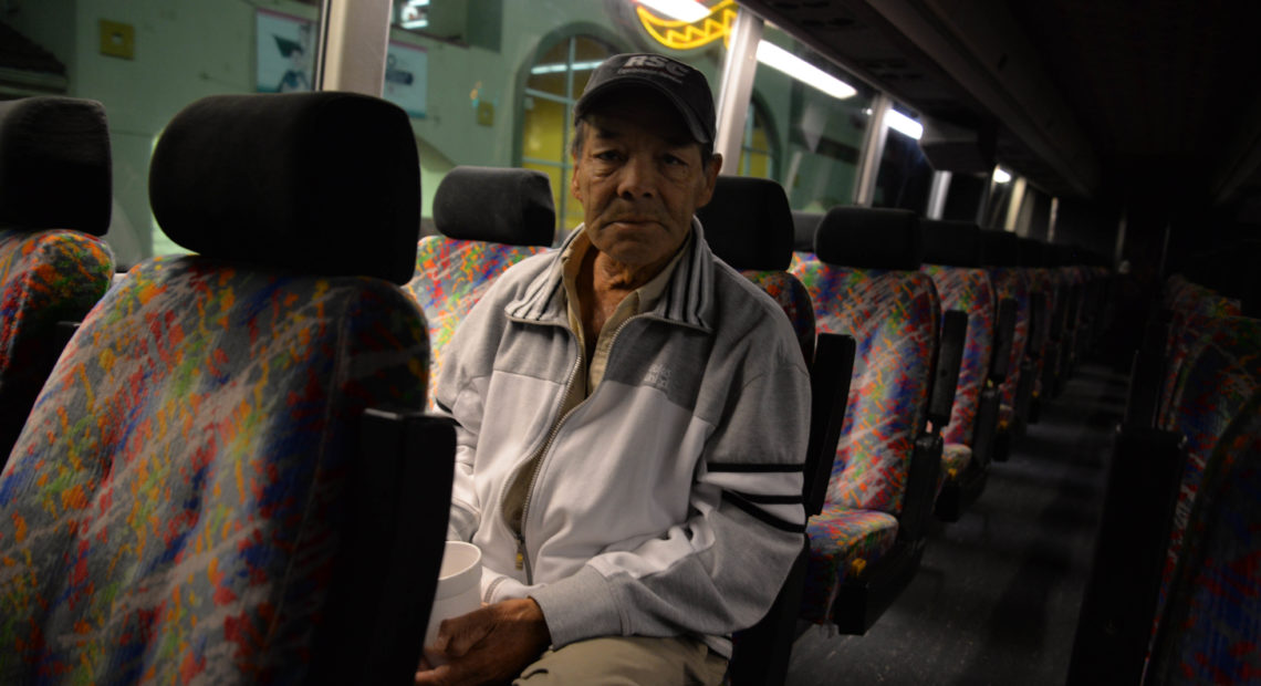 Miguel Cuevas was on the bus in Pasco early Thursday, Sept. 20, heading to Seattle for a five-day hunger demonstration with his fellow "Darigold Dozen." CREDIT: ESMY JIMENEZ/NWPB