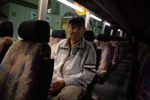 Miguel Cuevas was on the bus in Pasco early Thursday, Sept. 20, heading to Seattle for a five-day hunger demonstration with his fellow "Darigold Dozen." CREDIT: ESMY JIMENEZ/NWPB