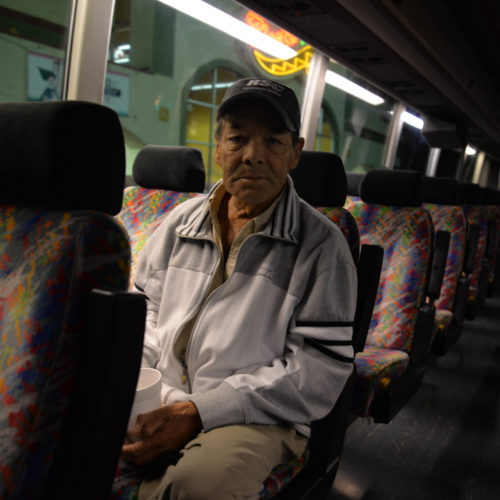 Miguel Cuevas was on the bus in Pasco early Thursday, Sept. 20, heading to Seattle for a five-day hunger demonstration with his fellow "Darigold Dozen." CREDIT: ESMY JIMENEZ/NWPB