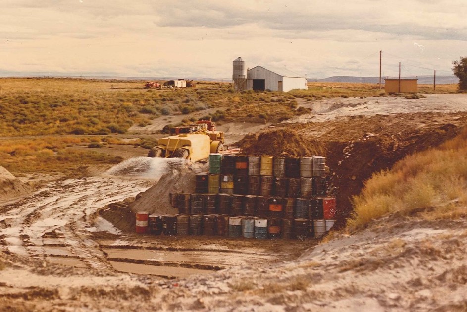 This photo from the 1970s shows various solvents and industrial chemicals that Washington state Ecology officials are trying to clean up in a Pasco Superfund site. CREDIT: WA DOE