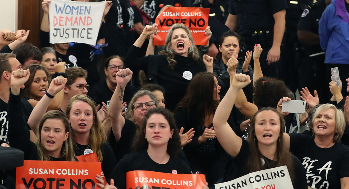 Demonstrators gather on Capitol Hill at the office of GOP Sen. Susan Collins of Maine to protest the nomination of Supreme Court nominee Judge Brett Kavanaugh. CREDIT: MARK WILSON/GETTY IMAGES
