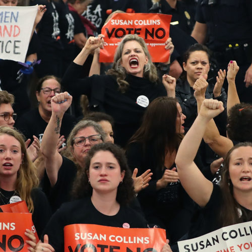 Demonstrators gather on Capitol Hill at the office of GOP Sen. Susan Collins of Maine to protest the nomination of Supreme Court nominee Judge Brett Kavanaugh. CREDIT: MARK WILSON/GETTY IMAGES