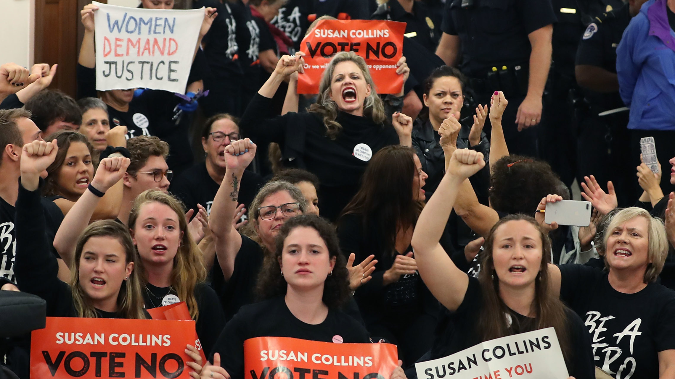 Demonstrators gather on Capitol Hill at the office of GOP Sen. Susan Collins of Maine to protest the nomination of Supreme Court nominee Judge Brett Kavanaugh. CREDIT: MARK WILSON/GETTY IMAGES