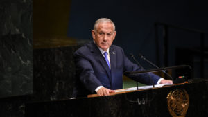 Israeli Prime Minister Benjamin Netanyahu applauds U.S. President Donald Trump during a speech at the United Nations during the United Nations General Assembly on Sept. 27.