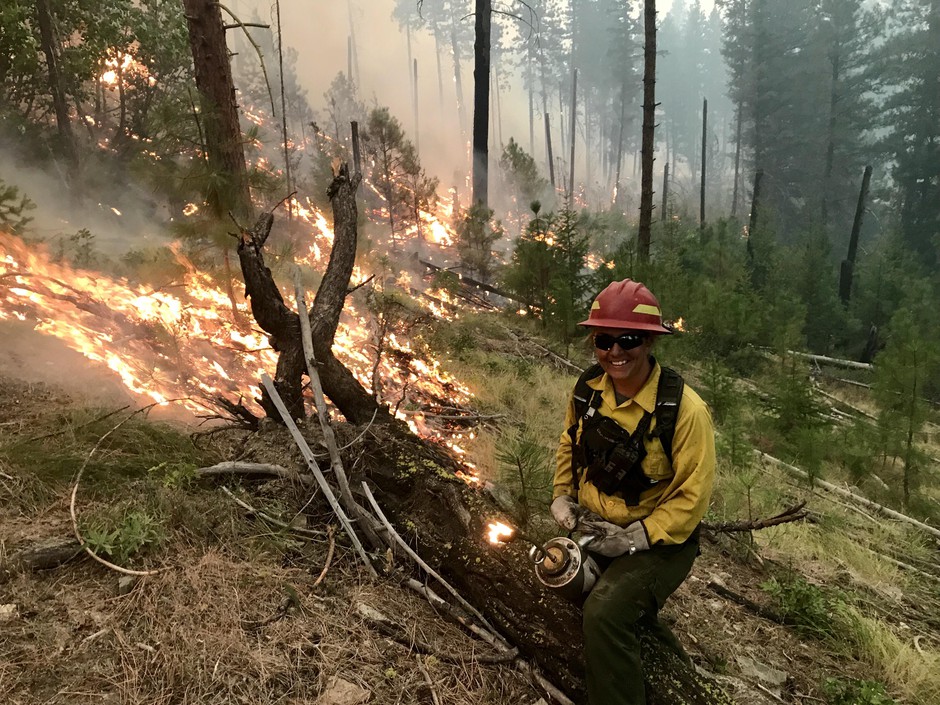 Judy Hoffman says firefighting saved her life. She's dedicated to the job, even when it means saving money to keep her covered during slow years. CREDIT: JUDY HOFFMAN