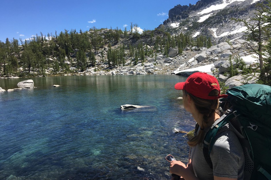 Amelia Urry, a member of the group, stops for the view at Sprite Lake. CREDIT: TED ALVAREZ