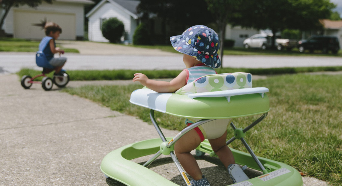 Skull fractures, concussions and broken bones are common injuries when children not yet able to walk use infant walkers and fall down stairs. CREDIT: Mint Images/Getty Images