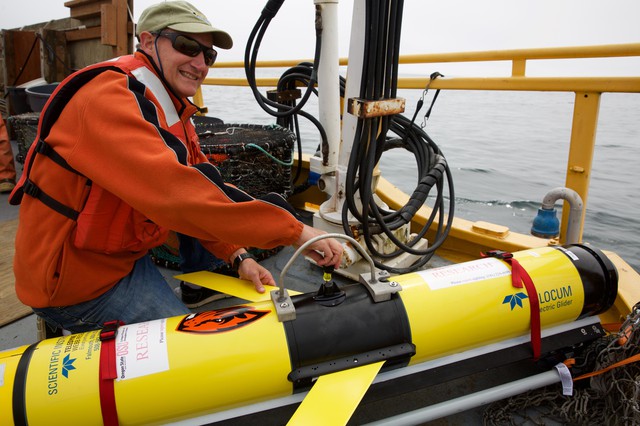 OSU oceanographer Jack Barth prepares a glider that will spend weeks flying through the ocean, collecting data on ocean acidification and oxygen levels. CREDIT: KRISTIAN FODEN-VENCIL
