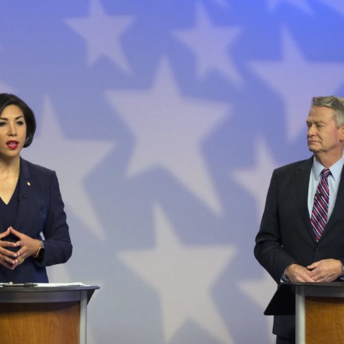 Democratic gubernatorial candidate Paulette Jordan and Lt. Gov. Brad Little participate in a debate at the studios of Idaho Public Television in Boise, Idaho, Monday, Oct. 15, 2018. CREDIT: OTTO KITSINGER