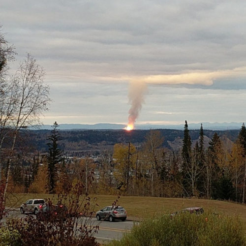 An explosion near the community of Shelley, British Columbia, Tuesday, Oct. 9, 2018. The massive pipeline explosion risks cutting off the flow of Canadian natural gas to Washington, and companies are urging customers to conserve. CREDIT: DHRUV DESAI via AP
