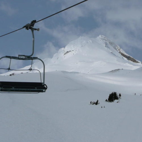 Mt Hood Meadows chair lift with Mt Hood in background
