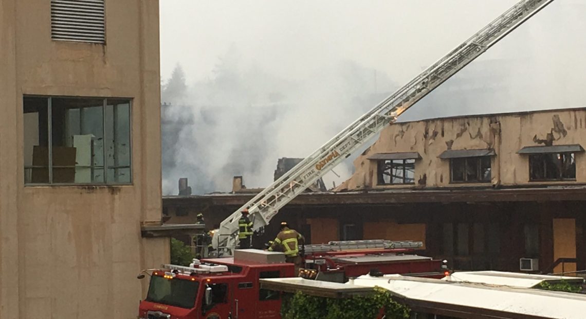 Tumwater firefighters responded to a three-alarm fire at the old Olympia Brewery complex Monday, Oct. 8. CREDIT: AUSTIN JENKINS/N3