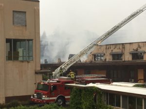 Tumwater firefighters responded to a three-alarm fire at the old Olympia Brewery complex Monday, Oct. 8. CREDIT: AUSTIN JENKINS/N3