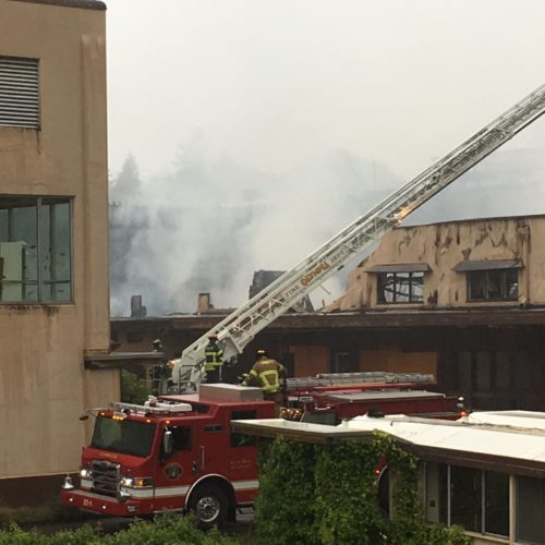 Tumwater firefighters responded to a three-alarm fire at the old Olympia Brewery complex Monday, Oct. 8. CREDIT: AUSTIN JENKINS/N3