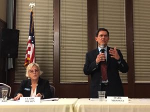 Republican state Senator Mark Miloscia speaks at a candidate's forum in Federal Way as his opponent Claire Wilson awaits her turn to respond. CREDIT: AUSTIN JENKINS / N3