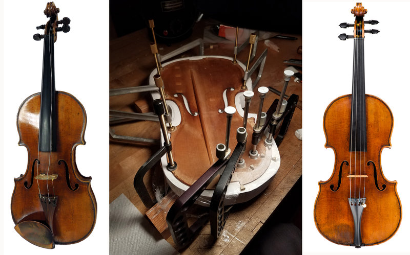 From left to right, the Totenberg-Ames Stradivarius at the start of its restoration; in a mold being prepared to have the edge reinforced; and after the restoration. Courtesy of Bruno Price