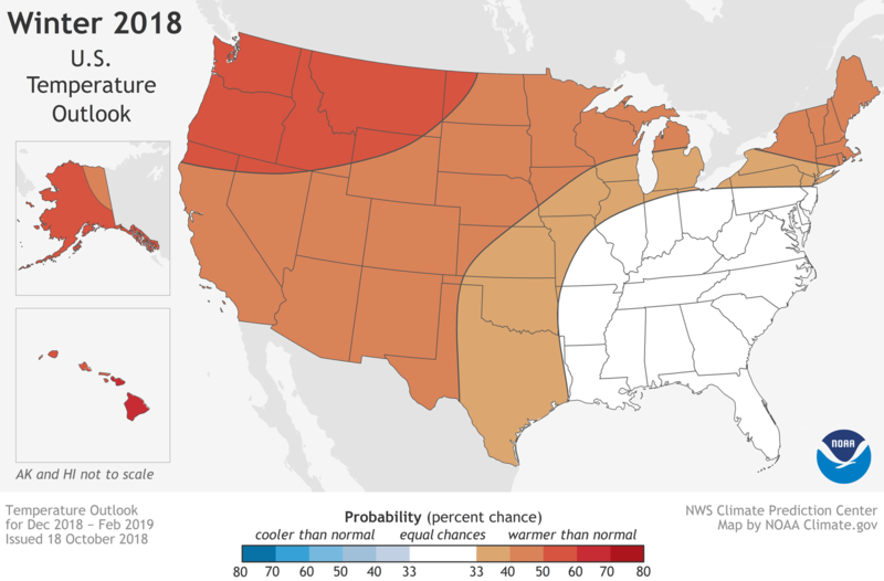 Winter outlook 2018-19 map for temperature. CREDIT: NOAA CLIMATE.GOV