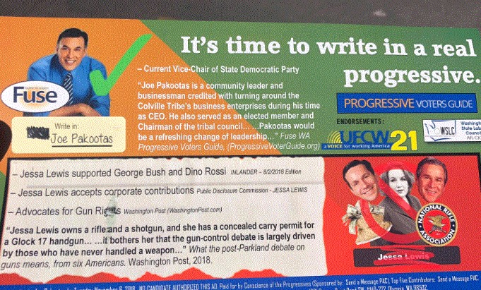 Mailers like this one urging a write-in vote for a "real progressive" candidate were sent to voters in four hotly contested Washington state legislative races. COURTESY: FUSE WASHINGTON