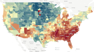 This map, a screenshot from The Opportunity Atlas, shows household income in 2014-2015 for people born between 1978 and 1983 to low-income parents. In areas that are more red, people who grew up in low-income households tended to stay low-income. In areas that are more blue, people who grew up in low-income households tend to make more money. The Opportunity Atlas CREDIT: NPR