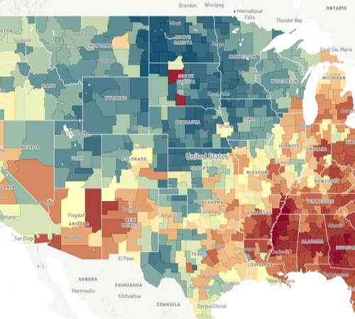 This map, a screenshot from The Opportunity Atlas, shows household income in 2014-2015 for people born between 1978 and 1983 to low-income parents. In areas that are more red, people who grew up in low-income households tended to stay low-income. In areas that are more blue, people who grew up in low-income households tend to make more money. The Opportunity Atlas CREDIT: NPR