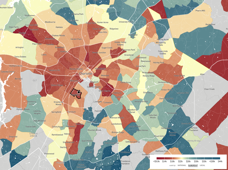 This map, a screenshot from The Opportunity Atlas, shows household income in 2014-2015 for African-Americans born between 1978 and 1983 to low-income parents. Sedgefield Middle School is in a part of Charlotte where blacks who grew up in low-income households tended to stay low-income. The Opportunity Atlas/Screenshot by NPR