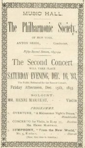An 1893 advertisement for the world premiere of Dvorak's "New World" Symphony.