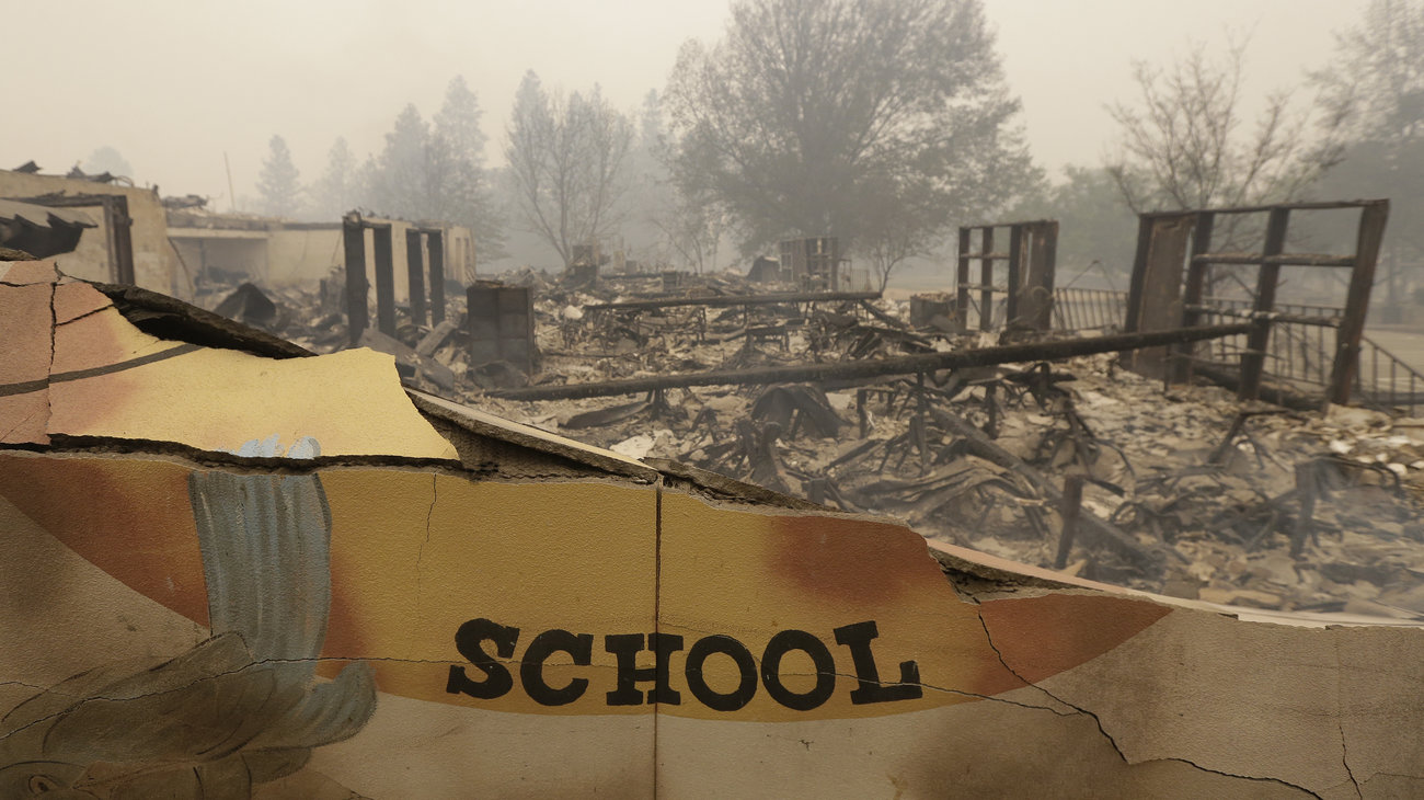 The burned remains of Paradise Elementary School is seen Friday, in Paradise, Calif. Authorities say a wildfire has all but destroyed the Northern California town. CREDIT: Rich Pedroncelli/AP