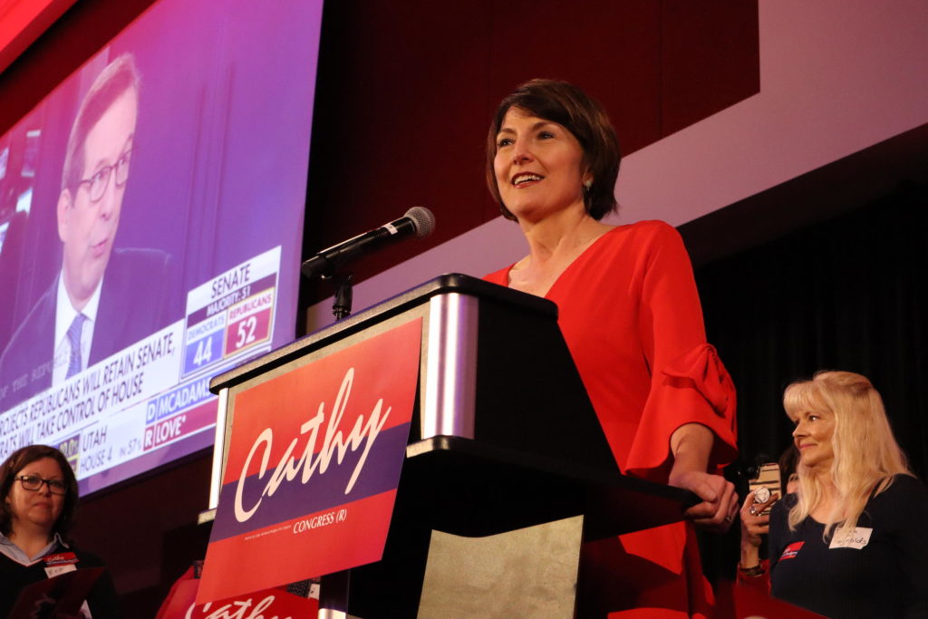 Cathy McMorris Rodgers gives her victory speech after claiming an eighth term as a US Representative for Washington's 5th District. Credit Emily Schwing/N3