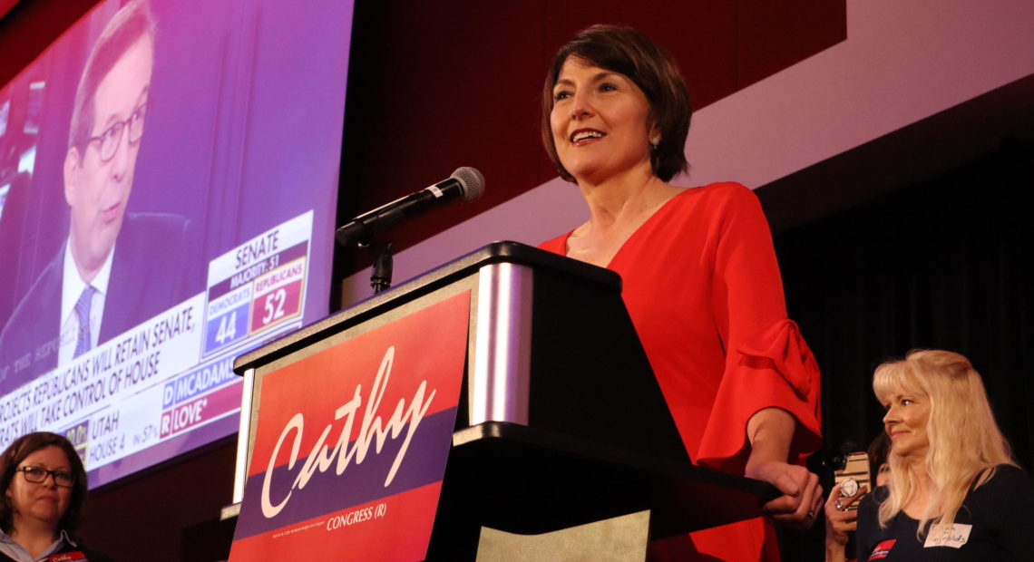 Cathy McMorris Rodgers gives her victory speech after claiming an eighth term as a US Representative for Washington's 5th District. Credit Emily Schwing/N3