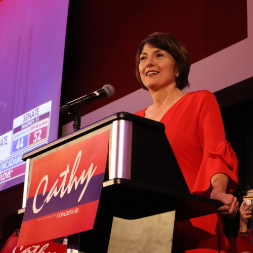 Cathy McMorris Rodgers gives her victory speech after claiming an eighth term as a US Representative for Washington's 5th District. Credit Emily Schwing/N3