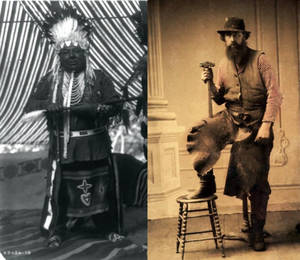 George Meninick (left) and Supplina Hamilton were on opposite sides of the Yakama War when they were younger than shown here. Glen Hamilton is a descendant of Pvt. Hamilton and Emily Washines can trace her lineage to future Chief Meninick. CREDIT EDWARD S. CURTIS COLLECTION, 1910. LIBRARY OF CONGRESS / COURTESY OF FAMILY OF GLEN HAMILTON; 1860-70S