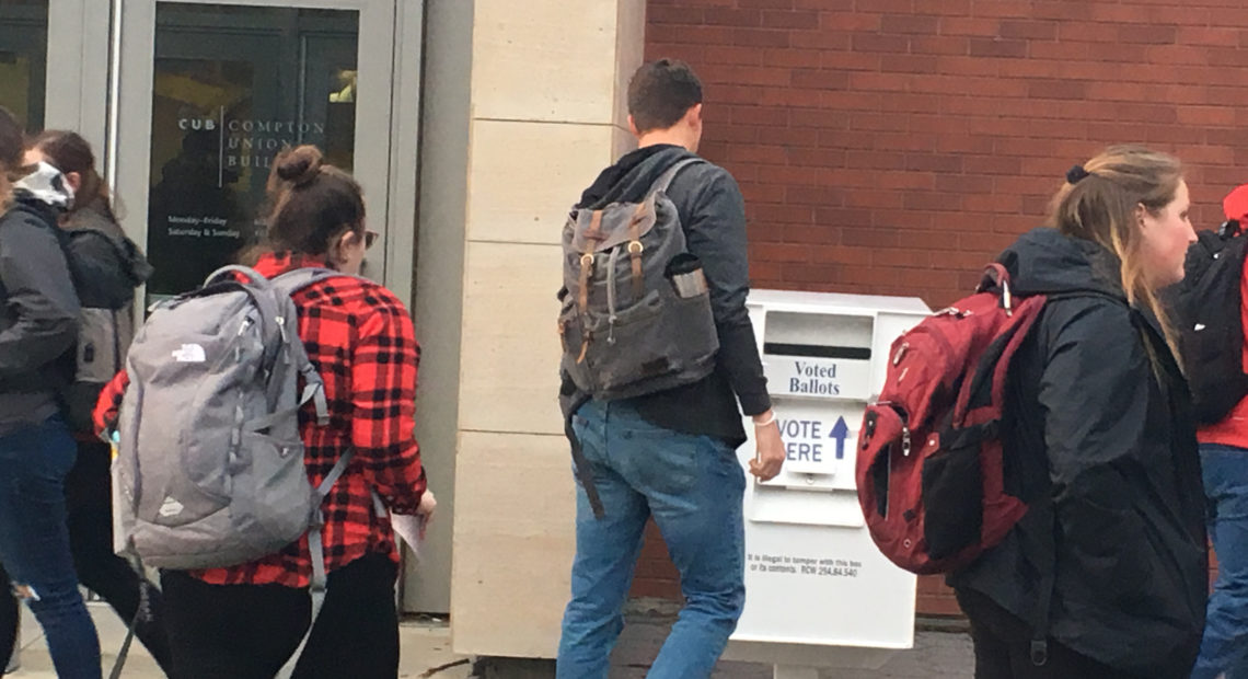 WSU Pullman students return ballots to an on-campus drop box Nov. 6, 2018. CREDIT: SCOTT LEADINGHAM/NWPB