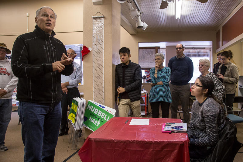 Washington Gov. Jay Inslee visits Grinnell, Iowa to support gubernatorial Democratic candidate Fred Hubbell. Inslee is seen as a potential presidential candidate for 2020. CREDIT: CLAY MASTER / IOWA PUBLIC RADIO