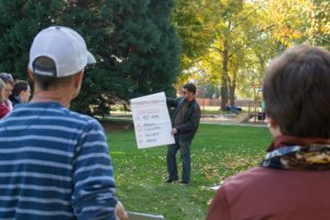 Jonathan Carkin, field director for Idahoans for Healthcare, trains a group of about a dozen volunteer door knockers in the Lewiston Orchards in October. CREDIT JAMES DAWSON / BSPR