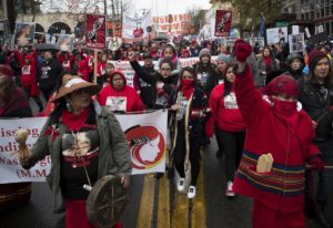 Missing and Murdered Indigenous Women of Washington group members start the Women's March on Saturday, January 20, 2018, on Pine St., in Seattle. CREDIT: MEGAN FARMER/KUOW