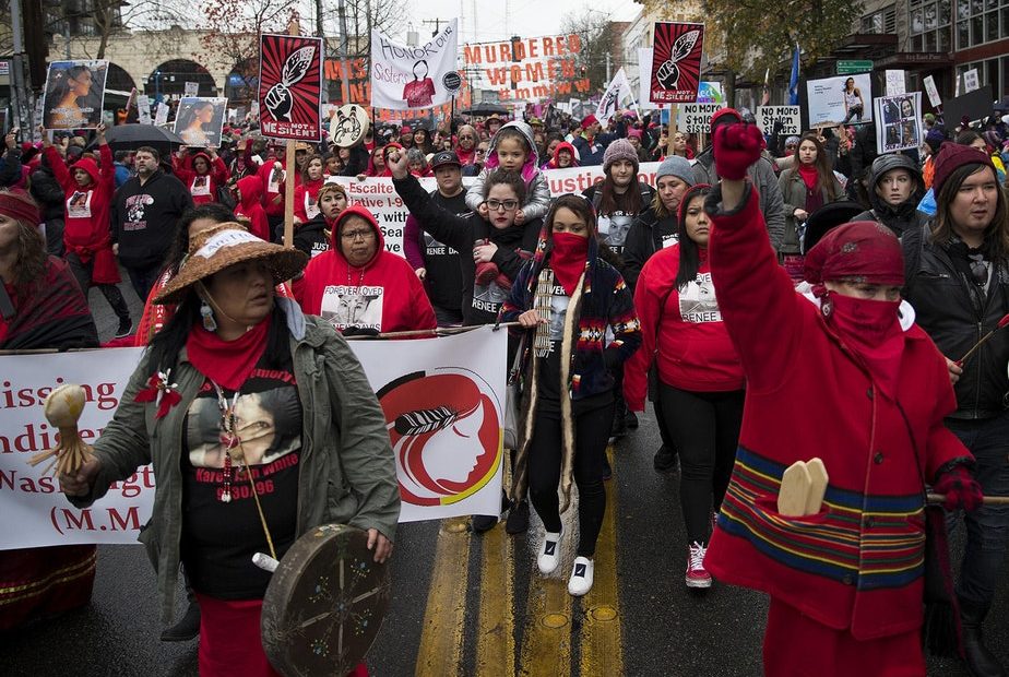 Missing and Murdered Indigenous Women of Washington group members start the Women's March on Saturday, January 20, 2018, on Pine St., in Seattle. CREDIT: MEGAN FARMER/KUOW