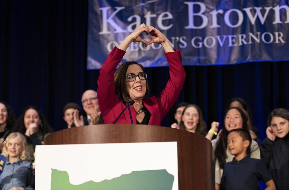 Gov. Kate Brown celebrates her Election Night victory at the Democratic Party of Oregon 2018 election party on Nov. 6, 2018 in Portland. CREDIT: JONATHAN LEVINSON/OPB